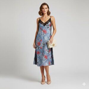 EXPRESS Romantic Blue Floral Lace Trimmed Slip Dress Size 2